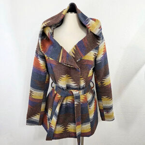Western aztec geometric jacket shawl collar hooded women's brown blue coat